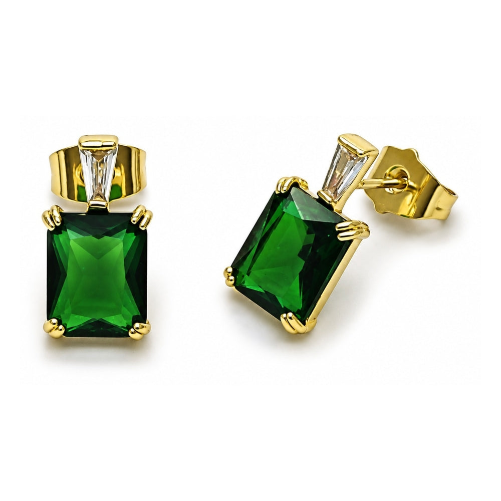 Oro Laminado Stud Earring, Gold Filled Style Baguette Design, with Green and White Cubic Zirconia, Polished, Golden Finish