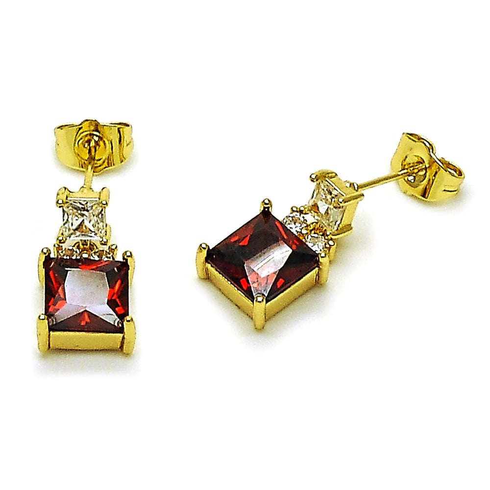 Oro Laminado Stud Earring, Gold Filled Style with White and Garnet Cubic Zirconia, Polished, Golden Finish