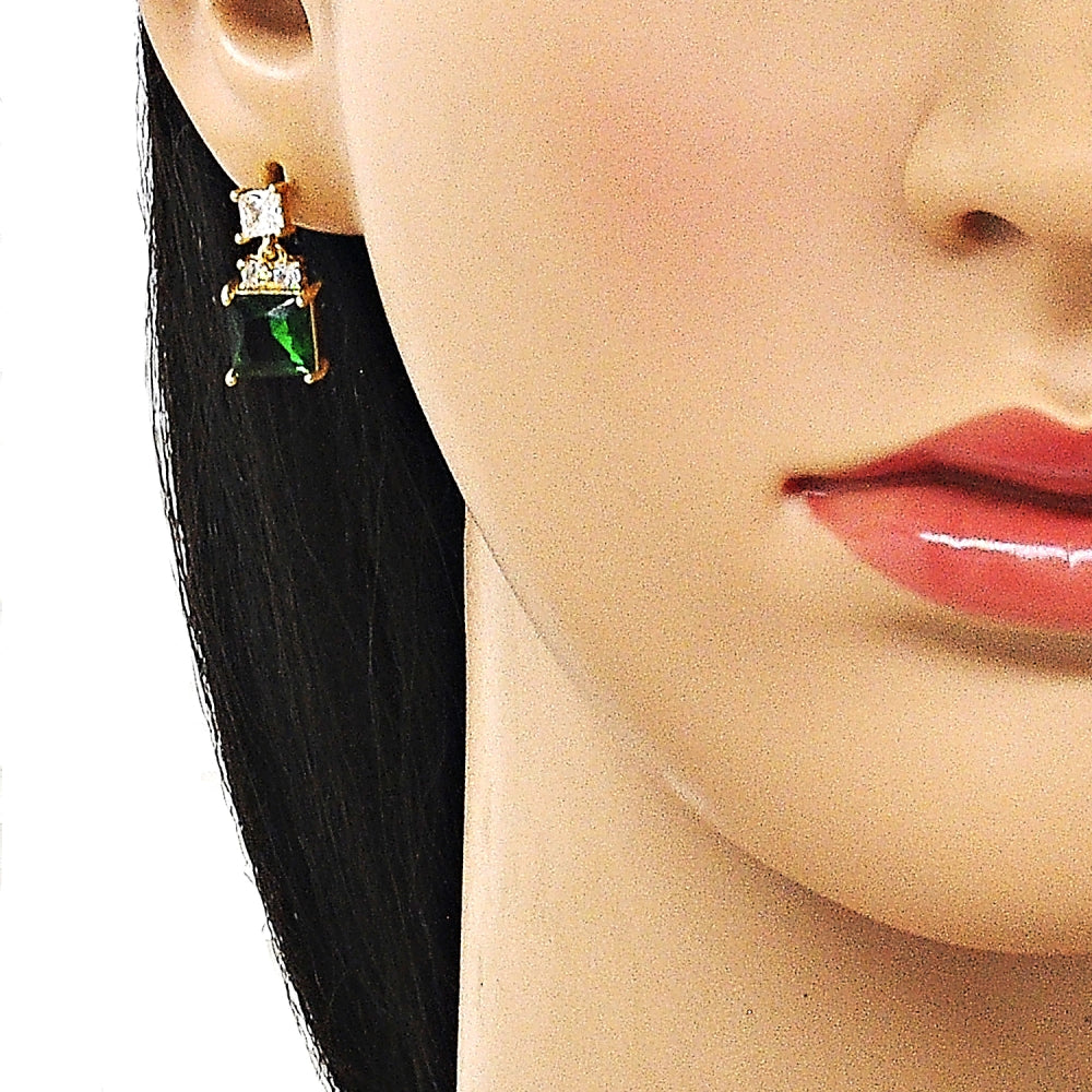 Oro Laminado Stud Earring, Gold Filled Style with Green and White Cubic Zirconia, Polished, Golden Finish