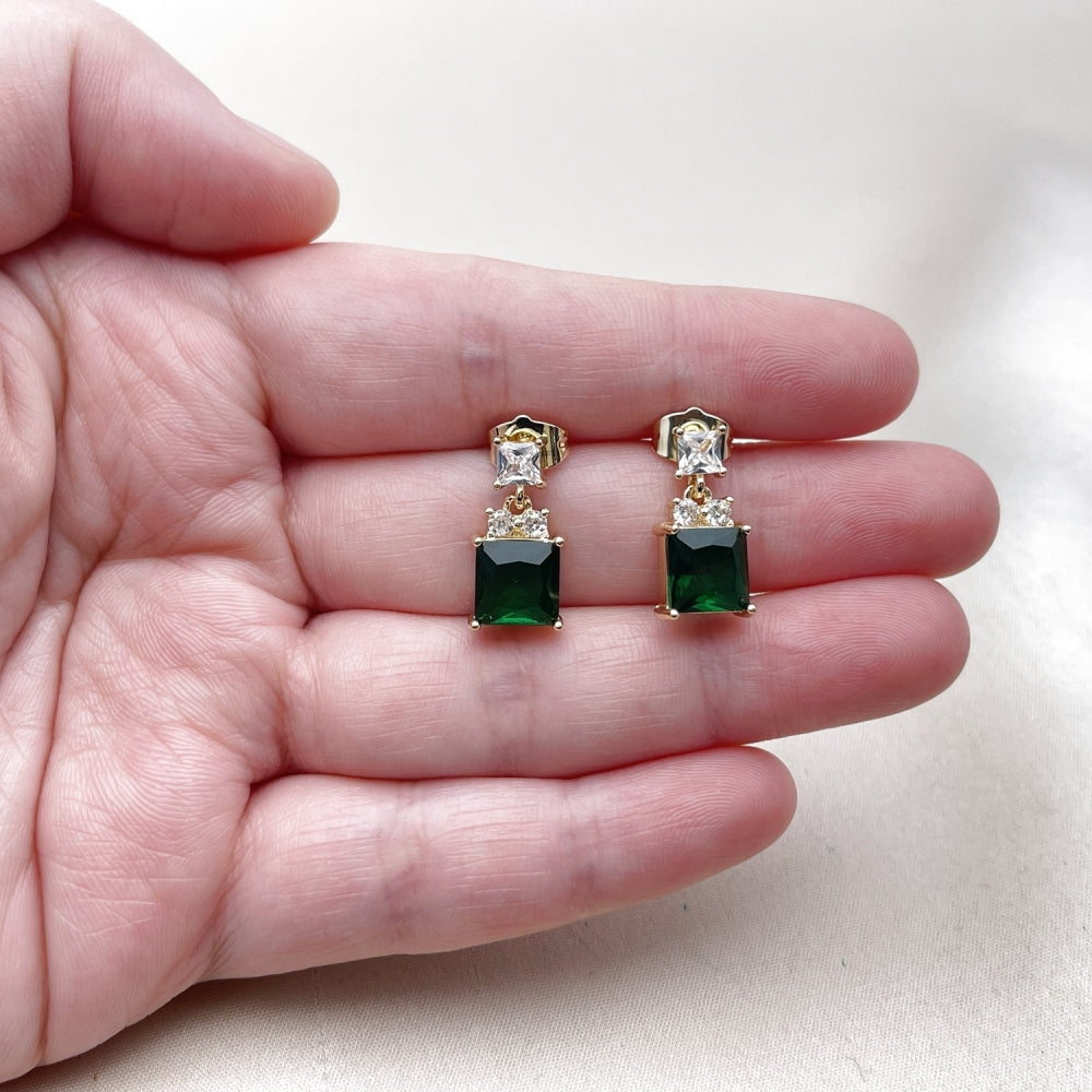 Oro Laminado Stud Earring, Gold Filled Style with Green and White Cubic Zirconia, Polished, Golden Finish