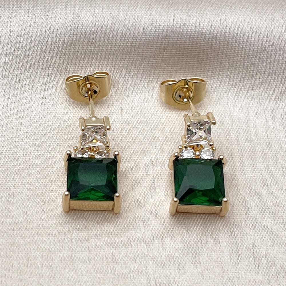 Oro Laminado Stud Earring, Gold Filled Style with Green and White Cubic Zirconia, Polished, Golden Finish