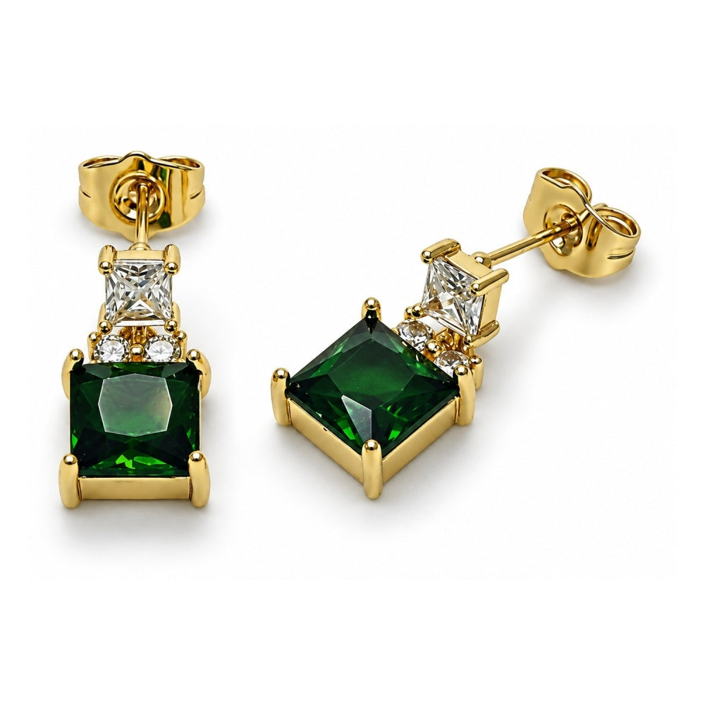 Oro Laminado Stud Earring, Gold Filled Style with Green and White Cubic Zirconia, Polished, Golden Finish