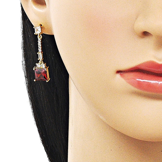 Oro Laminado Long Earring, Gold Filled Style Baguette Design, with Garnet and White Cubic Zirconia, Polished, Golden Finish