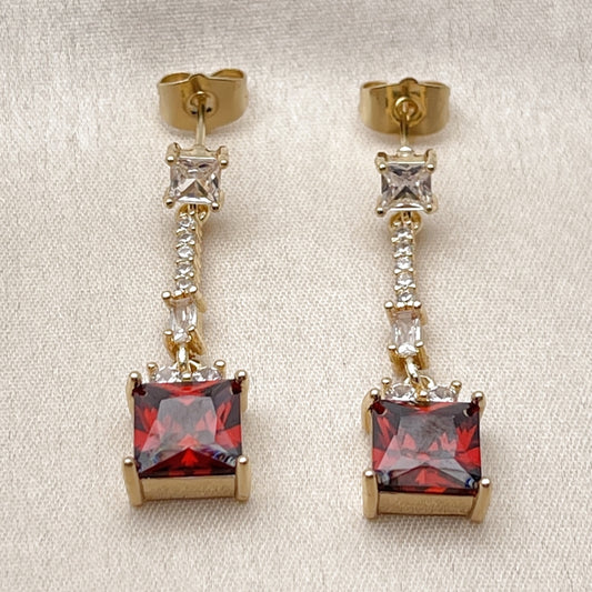 Oro Laminado Long Earring, Gold Filled Style Baguette Design, with Garnet and White Cubic Zirconia, Polished, Golden Finish