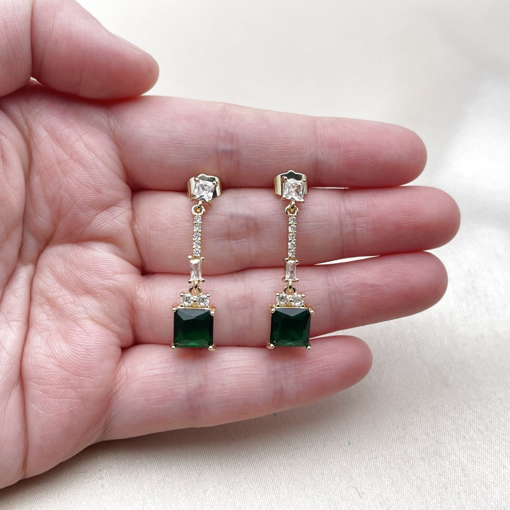 Oro Laminado Long Earring, Gold Filled Style Baguette Design, with Green and White Cubic Zirconia, Polished, Golden Finish