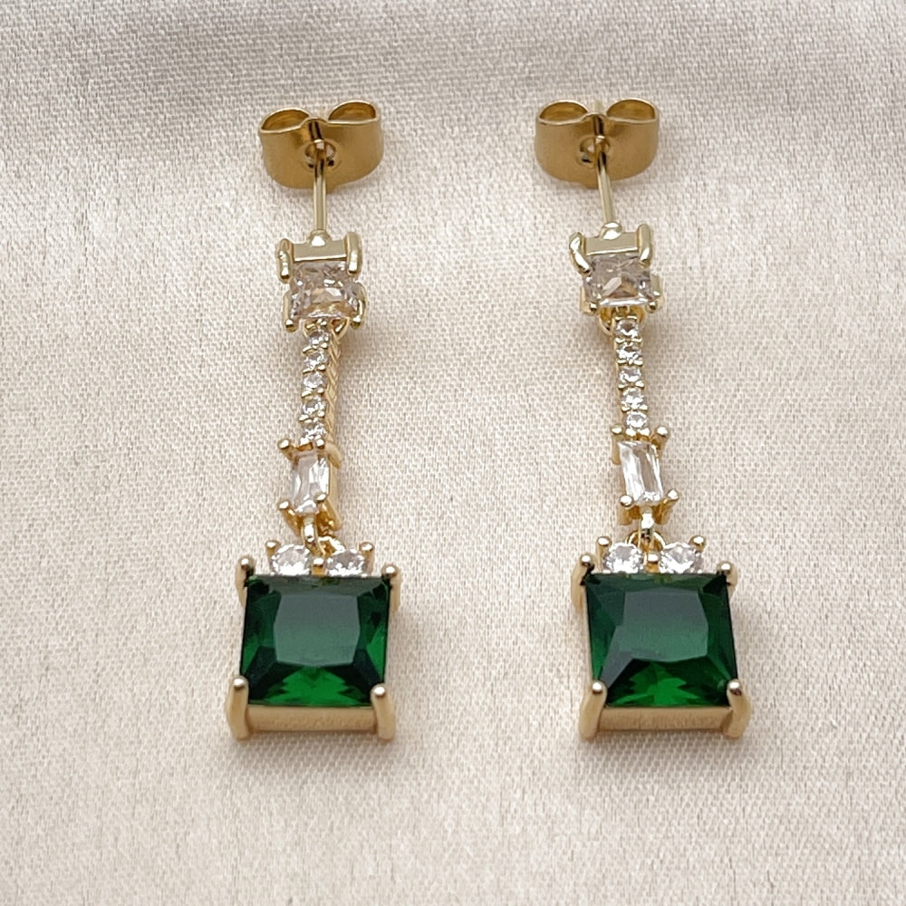 Oro Laminado Long Earring, Gold Filled Style Baguette Design, with Green and White Cubic Zirconia, Polished, Golden Finish