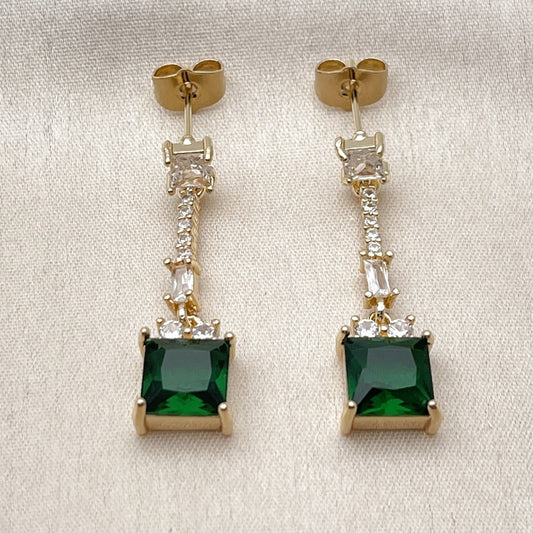 Oro Laminado Long Earring, Gold Filled Style Baguette Design, with Green and White Cubic Zirconia, Polished, Golden Finish