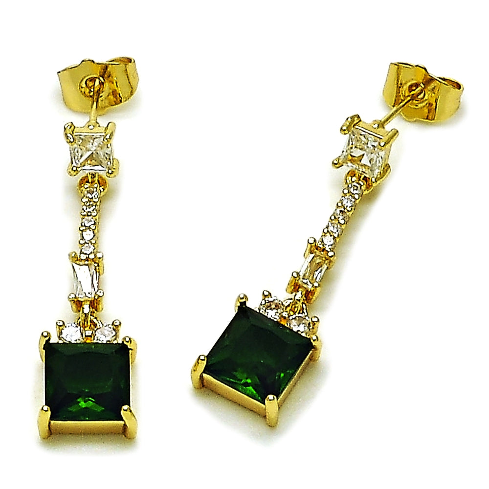 Oro Laminado Long Earring, Gold Filled Style Baguette Design, with Green and White Cubic Zirconia, Polished, Golden Finish