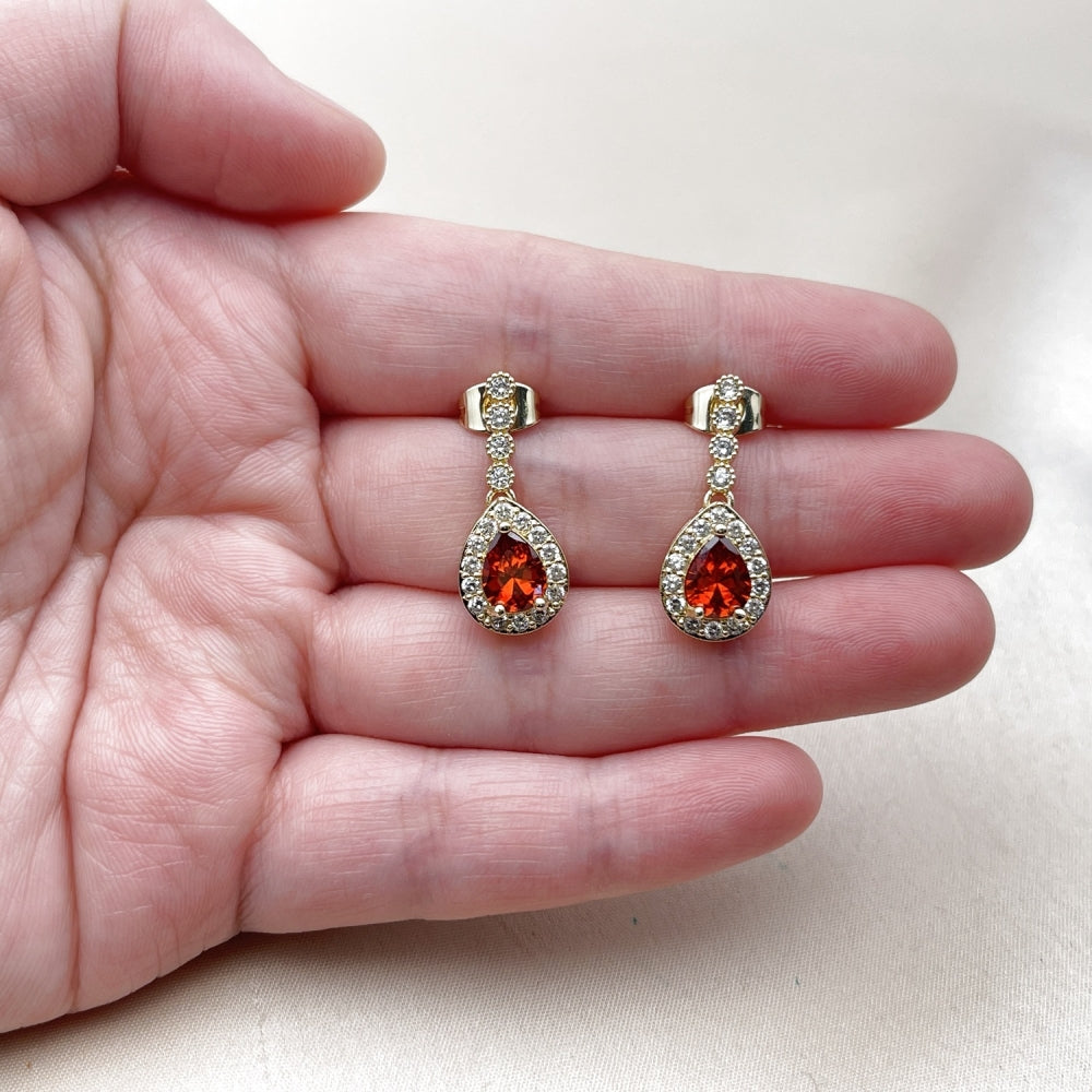 Oro Laminado Long Earring, Gold Filled Style Cluster and Teardrop Design, with Garnet and White Cubic Zirconia, Polished, Golden Finish