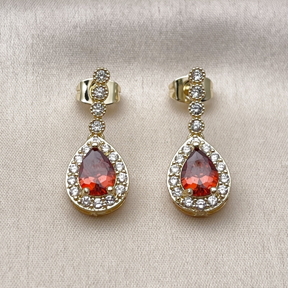 Oro Laminado Long Earring, Gold Filled Style Cluster and Teardrop Design, with Garnet and White Cubic Zirconia, Polished, Golden Finish