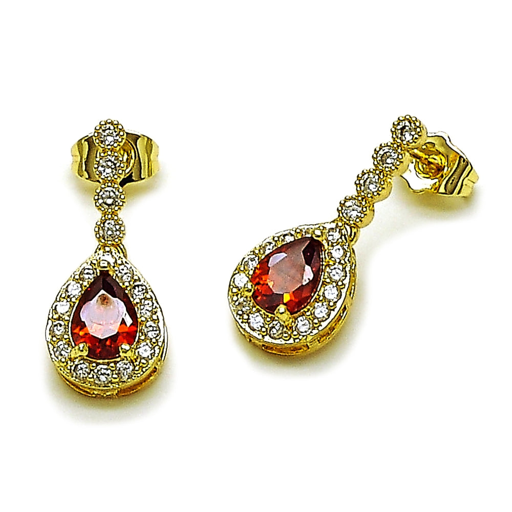 Oro Laminado Long Earring, Gold Filled Style Cluster and Teardrop Design, with Garnet and White Cubic Zirconia, Polished, Golden Finish