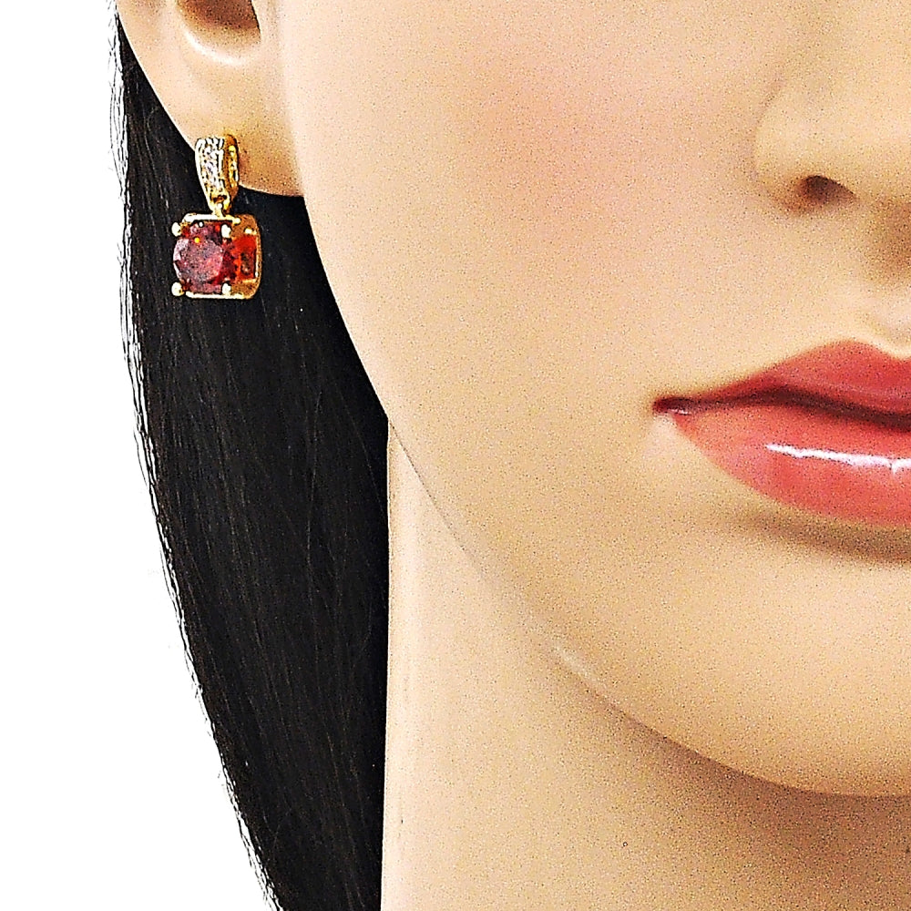 Oro Laminado Stud Earring, Gold Filled Style with Garnet Cubic Zirconia and White Micro Pave, Polished, Golden Finish