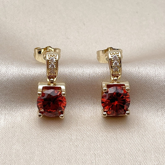 Oro Laminado Stud Earring, Gold Filled Style with Garnet Cubic Zirconia and White Micro Pave, Polished, Golden Finish