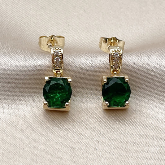 Oro Laminado Stud Earring, Gold Filled Style with Green and White Cubic Zirconia, Polished, Golden Finish