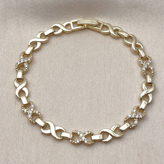 Oro Laminado Fancy Bracelet, Gold Filled Style Infinite Design, with White Cubic Zirconia, Polished, Golden Finish