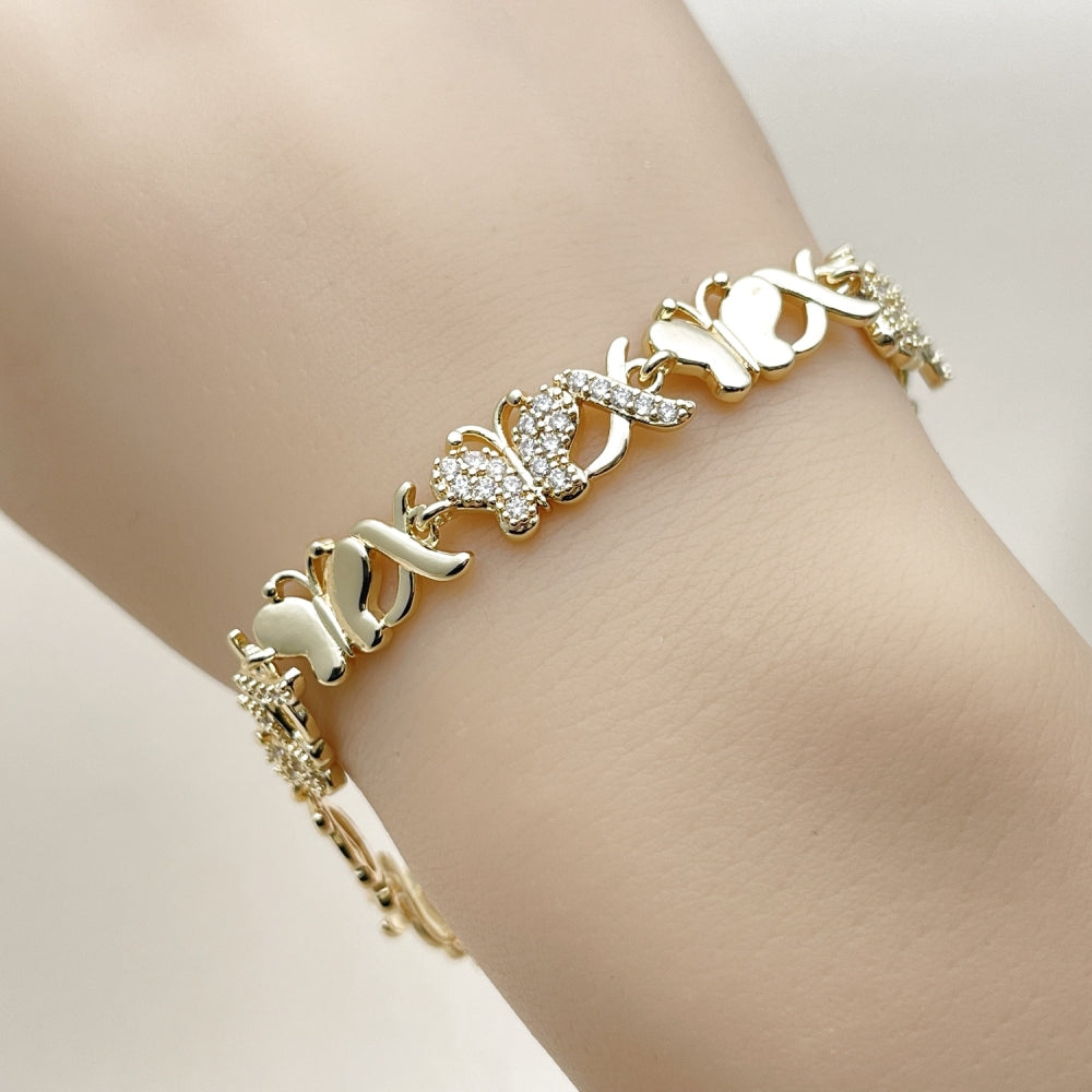 Oro Laminado Fancy Bracelet, Gold Filled Style Hugs and Kisses and Butterfly Design, with White Cubic Zirconia, Polished, Golden Finish