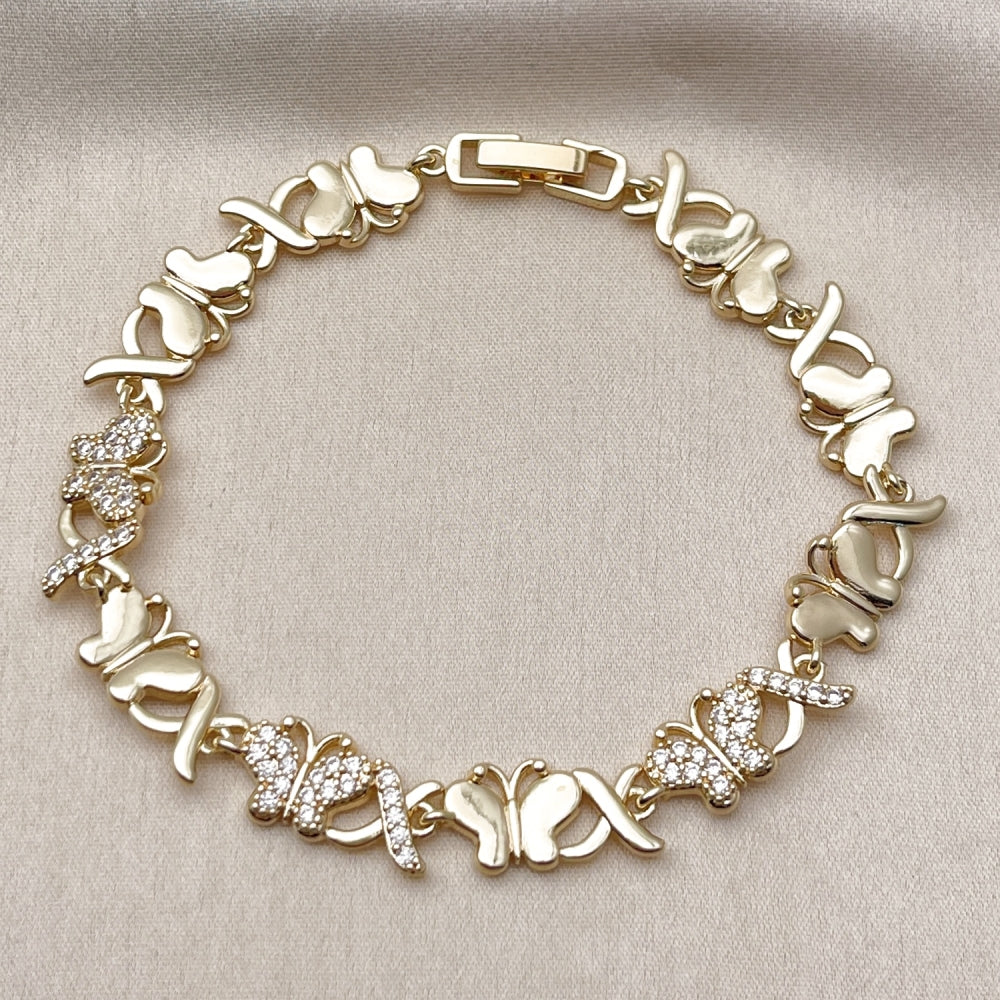 Oro Laminado Fancy Bracelet, Gold Filled Style Hugs and Kisses and Butterfly Design, with White Cubic Zirconia, Polished, Golden Finish