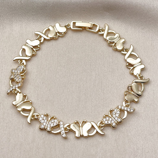 Oro Laminado Fancy Bracelet, Gold Filled Style Hugs and Kisses and Butterfly Design, with White Cubic Zirconia, Polished, Golden Finish