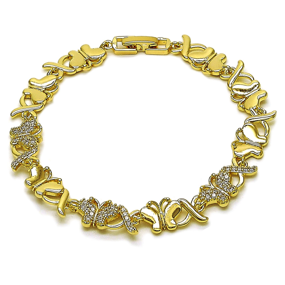 Oro Laminado Fancy Bracelet, Gold Filled Style Hugs and Kisses and Butterfly Design, with White Cubic Zirconia, Polished, Golden Finish