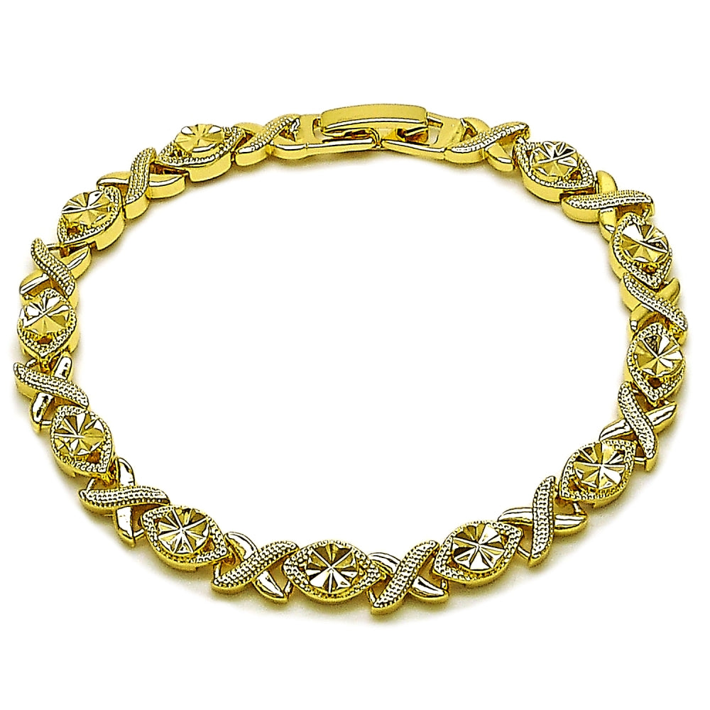 Oro Laminado Solid Bracelet, Gold Filled Style Hugs and Kisses Design, Diamond Cutting Finish, Golden Finish