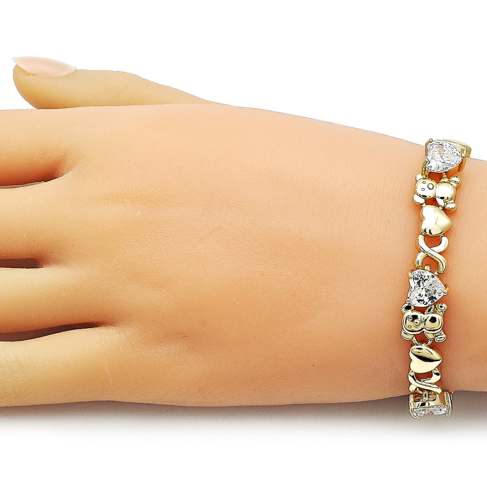 Oro Laminado Fancy Bracelet, Gold Filled Style Hugs and Kisses and Heart Design, with White Cubic Zirconia, Polished, Golden Finish