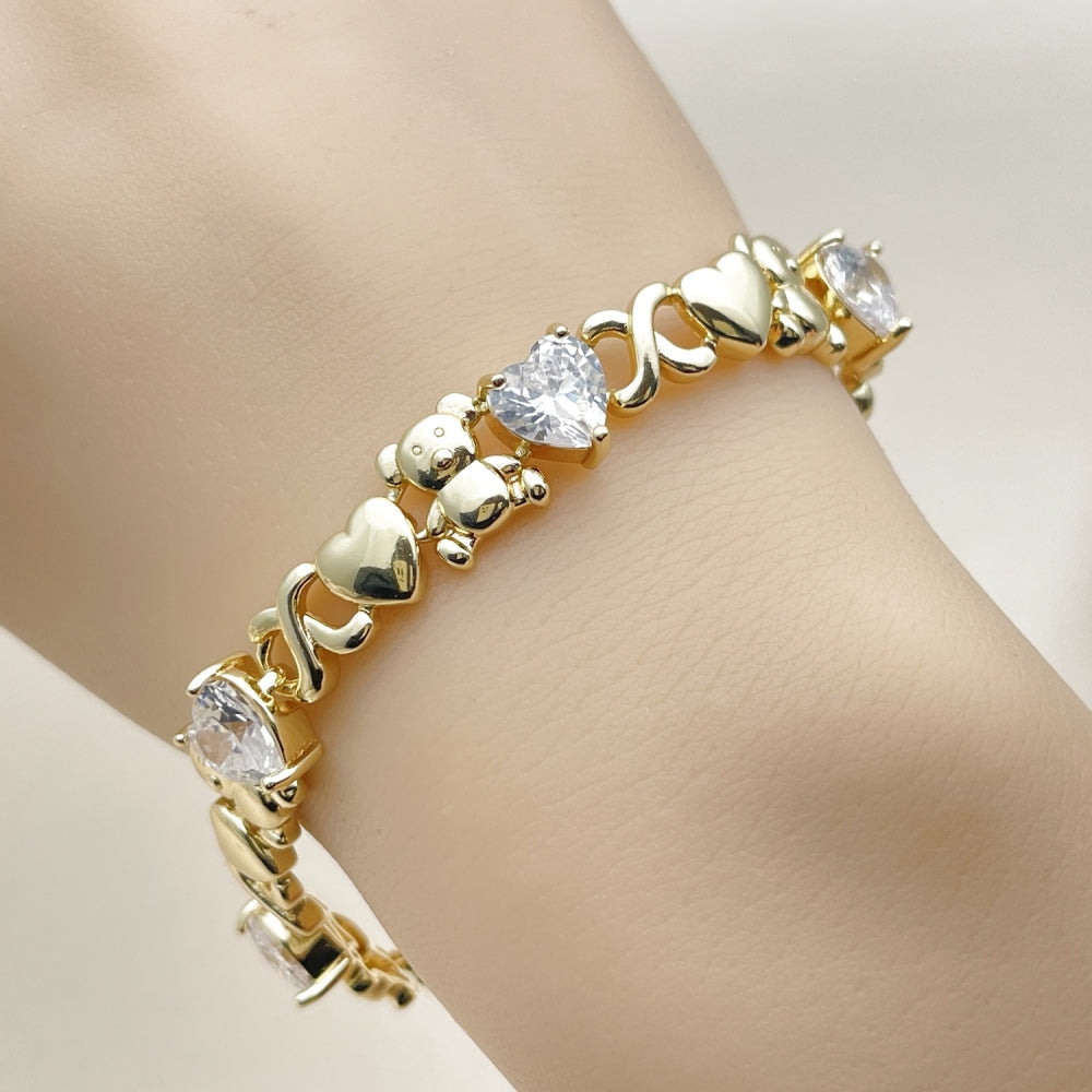 Oro Laminado Fancy Bracelet, Gold Filled Style Hugs and Kisses and Heart Design, with White Cubic Zirconia, Polished, Golden Finish