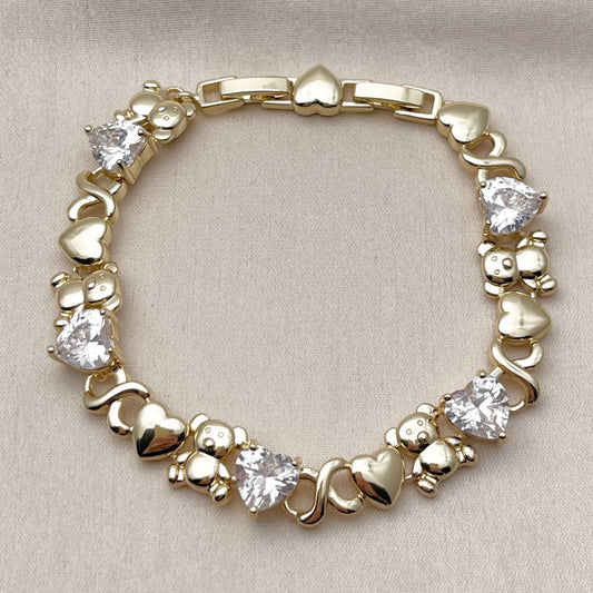 Oro Laminado Fancy Bracelet, Gold Filled Style Hugs and Kisses and Heart Design, with White Cubic Zirconia, Polished, Golden Finish