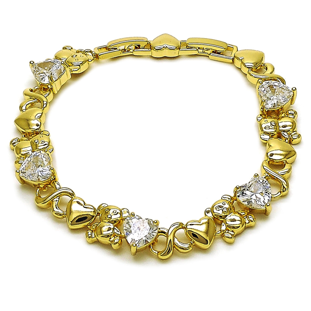 Oro Laminado Fancy Bracelet, Gold Filled Style Hugs and Kisses and Heart Design, with White Cubic Zirconia, Polished, Golden Finish