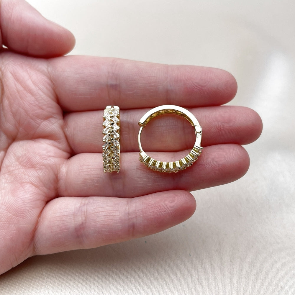 Oro Laminado Huggie Hoop, Gold Filled Style Baguette Design, with White Cubic Zirconia, Polished, Golden Finish