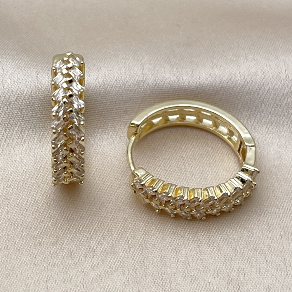 Oro Laminado Huggie Hoop, Gold Filled Style Baguette Design, with White Cubic Zirconia, Polished, Golden Finish