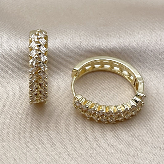 Oro Laminado Huggie Hoop, Gold Filled Style Baguette Design, with White Cubic Zirconia, Polished, Golden Finish