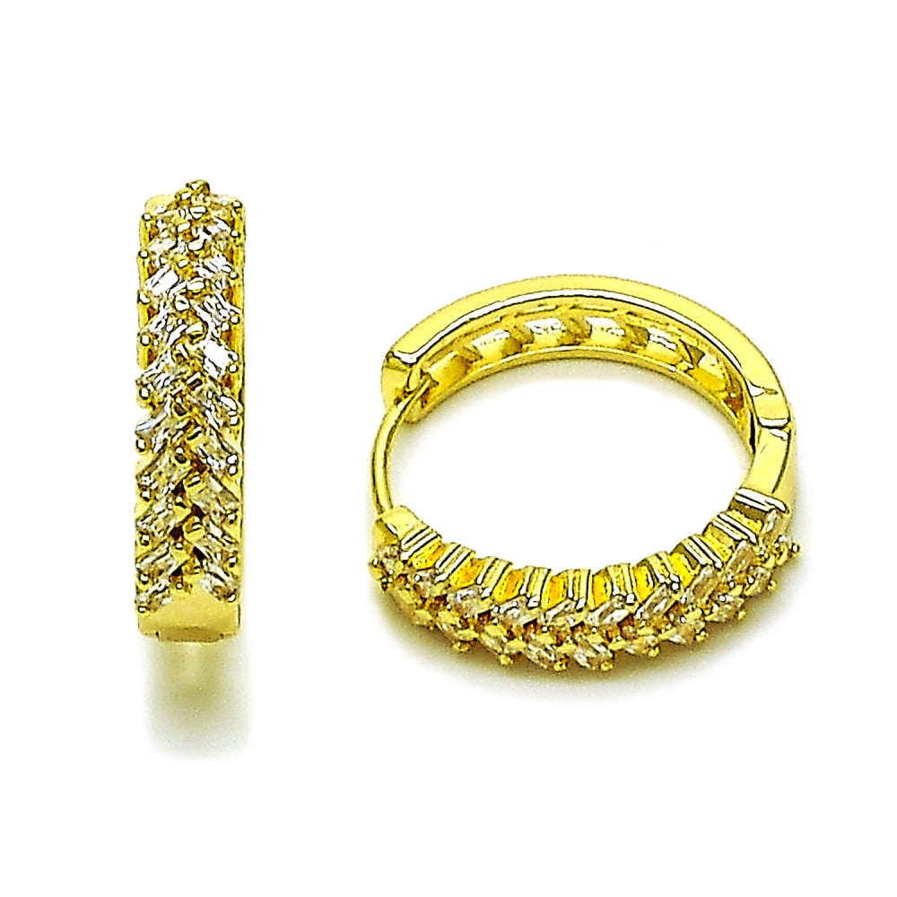 Oro Laminado Huggie Hoop, Gold Filled Style Baguette Design, with White Cubic Zirconia, Polished, Golden Finish