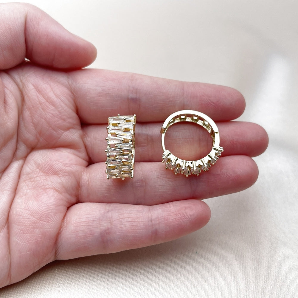 Oro Laminado Huggie Hoop, Gold Filled Style Baguette Design, with White Cubic Zirconia, Polished, Golden Finish