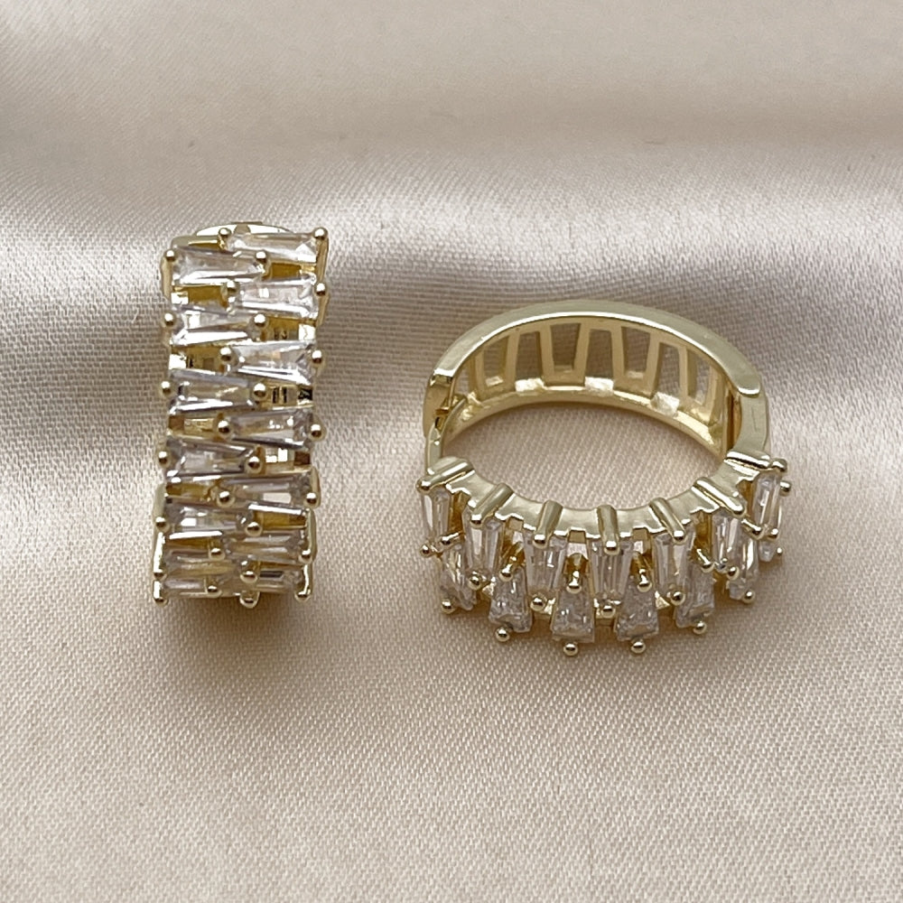 Oro Laminado Huggie Hoop, Gold Filled Style Baguette Design, with White Cubic Zirconia, Polished, Golden Finish