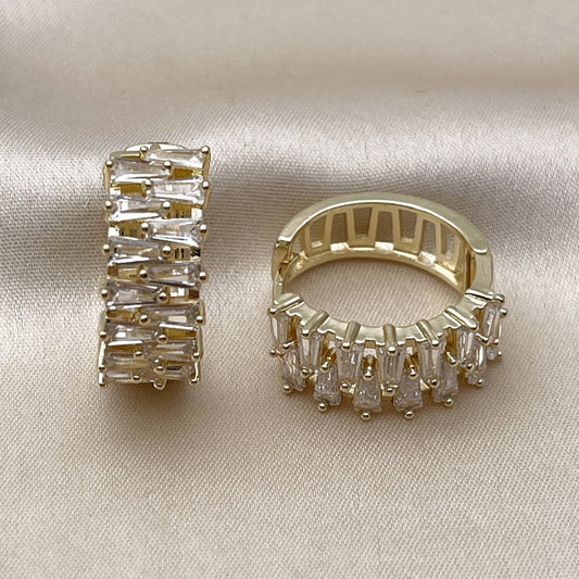 Oro Laminado Huggie Hoop, Gold Filled Style Baguette Design, with White Cubic Zirconia, Polished, Golden Finish