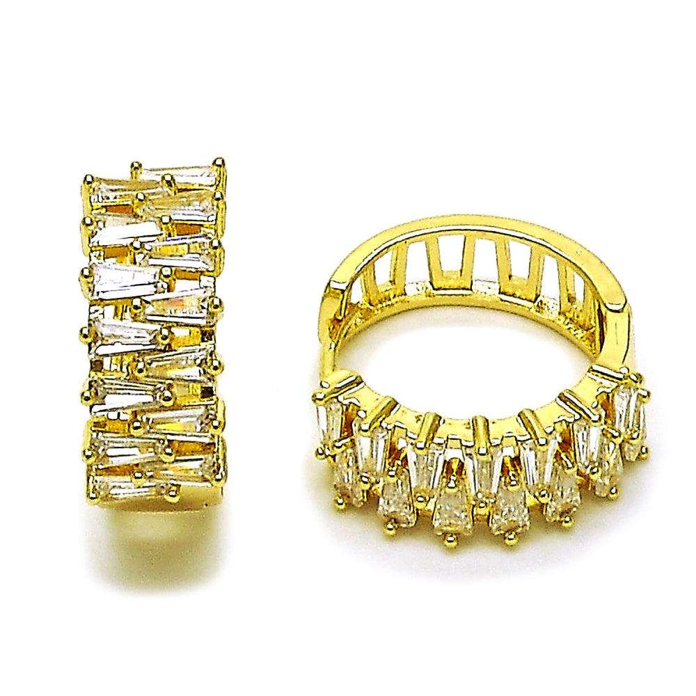 Oro Laminado Huggie Hoop, Gold Filled Style Baguette Design, with White Cubic Zirconia, Polished, Golden Finish