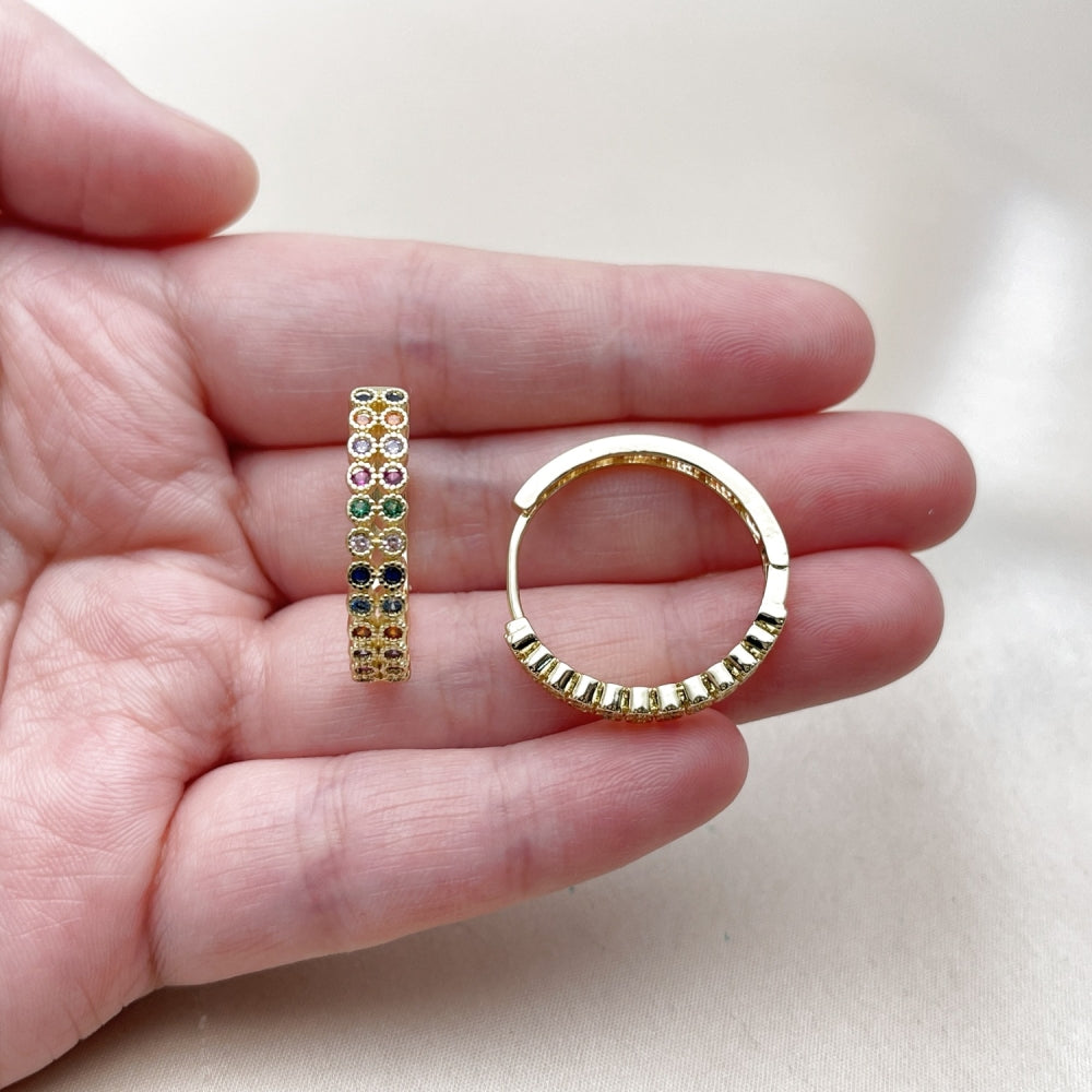 Oro Laminado Huggie Hoop, Gold Filled Style with Multicolor Cubic Zirconia, Polished, Golden Finish