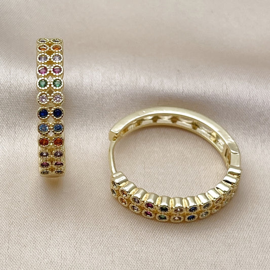 Oro Laminado Huggie Hoop, Gold Filled Style with Multicolor Cubic Zirconia, Polished, Golden Finish