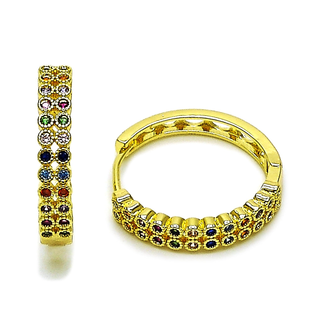 Oro Laminado Huggie Hoop, Gold Filled Style with Multicolor Cubic Zirconia, Polished, Golden Finish