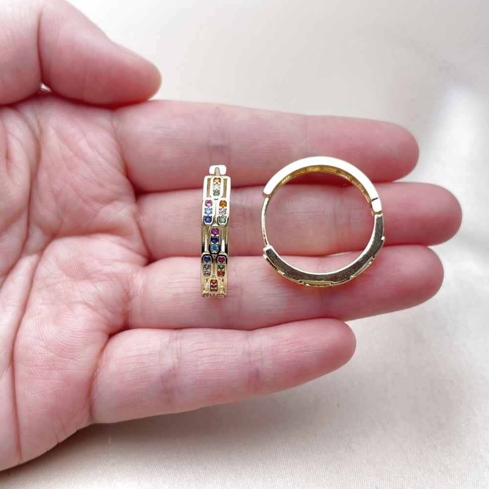 Oro Laminado Huggie Hoop, Gold Filled Style with Multicolor Micro Pave, Polished, Golden Finish