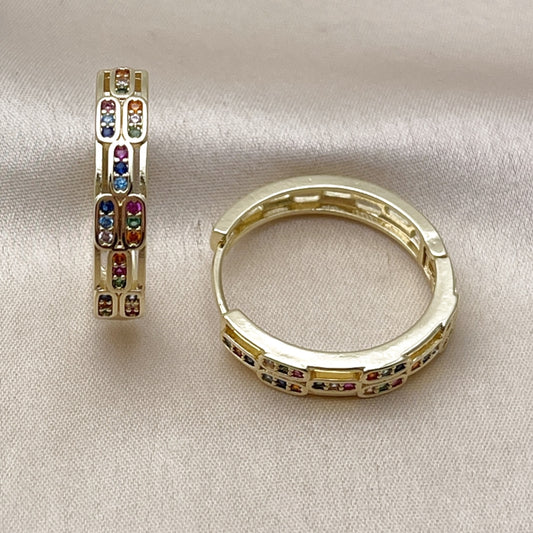 Oro Laminado Huggie Hoop, Gold Filled Style with Multicolor Micro Pave, Polished, Golden Finish