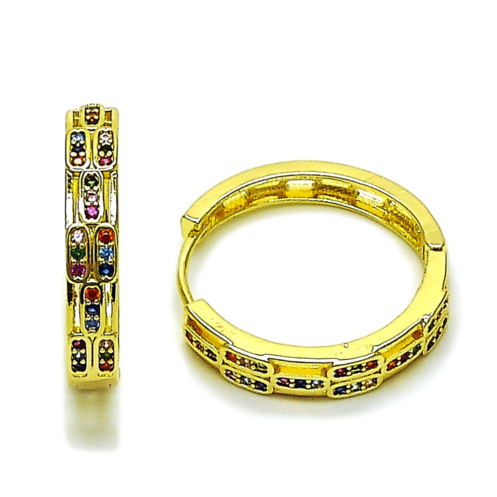 Oro Laminado Huggie Hoop, Gold Filled Style with Multicolor Micro Pave, Polished, Golden Finish