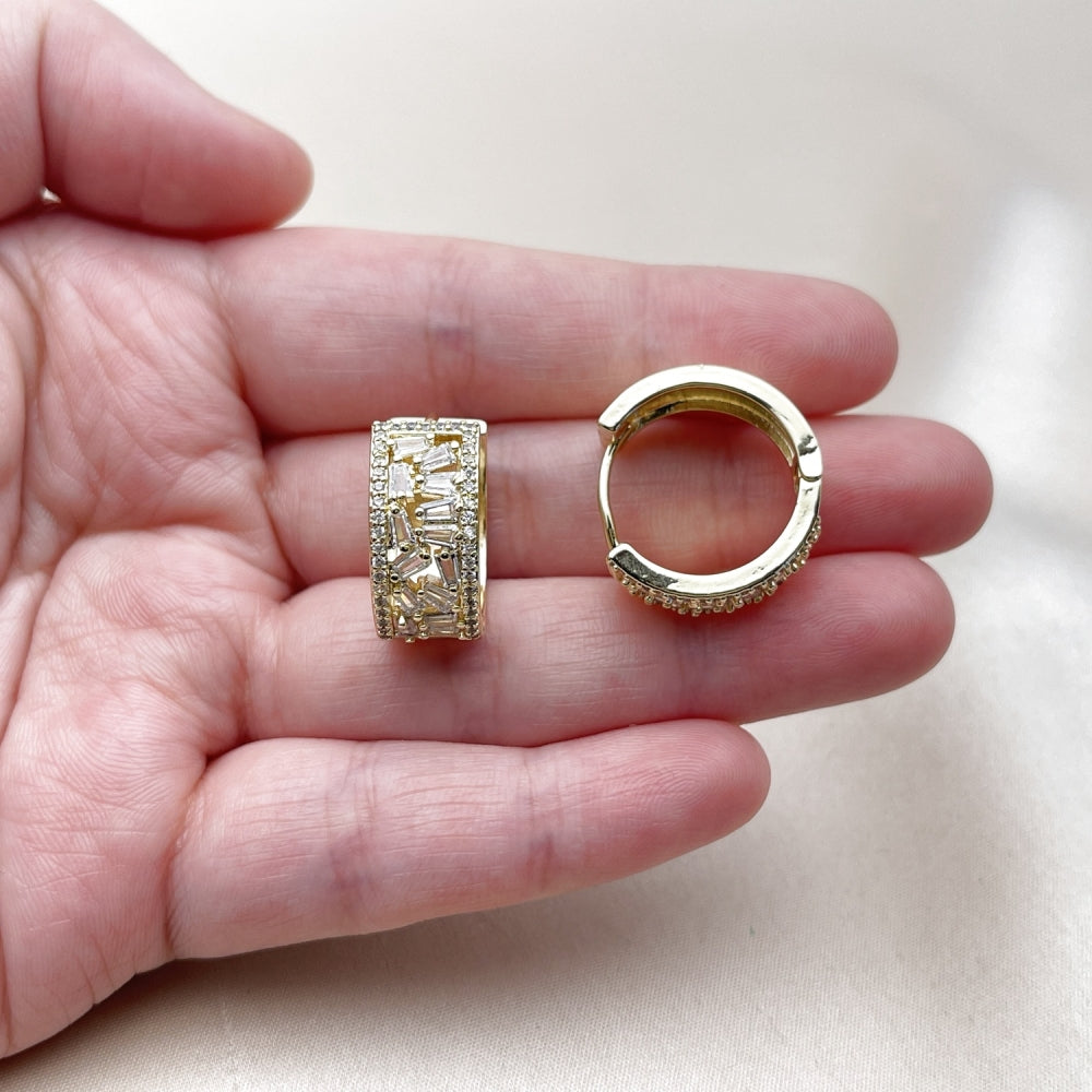 Oro Laminado Huggie Hoop, Gold Filled Style Baguette Design, with White Cubic Zirconia, Polished, Golden Finish