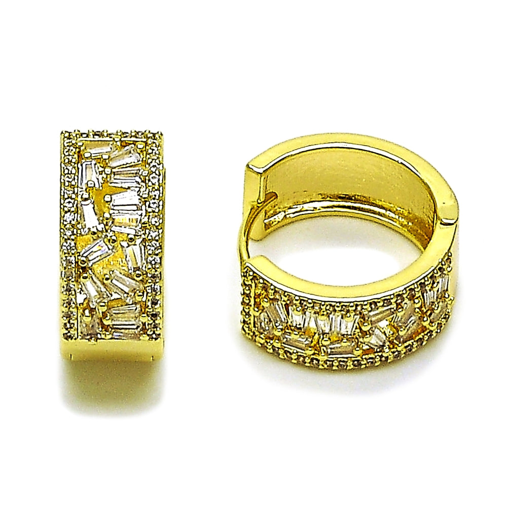 Oro Laminado Huggie Hoop, Gold Filled Style Baguette Design, with White Cubic Zirconia, Polished, Golden Finish