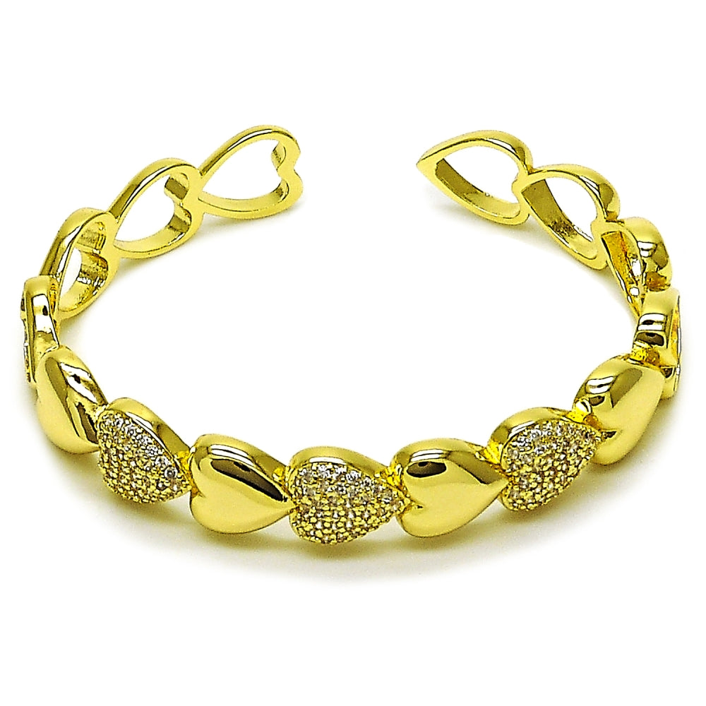 Oro Laminado Individual Bangle, Gold Filled Style Heart Design, with White Micro Pave, Polished, Tricolor