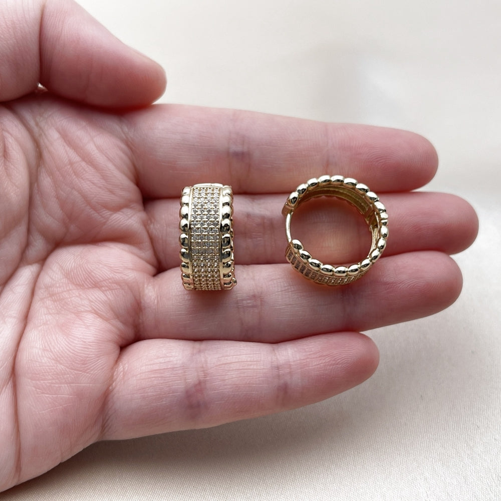 Oro Laminado Huggie Hoop, Gold Filled Style with White Micro Pave, Polished, Golden Finish