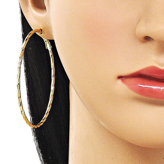 Oro Laminado Medium Hoop, Gold Filled Style Twist Design, Diamond Cutting Finish, Golden Finish