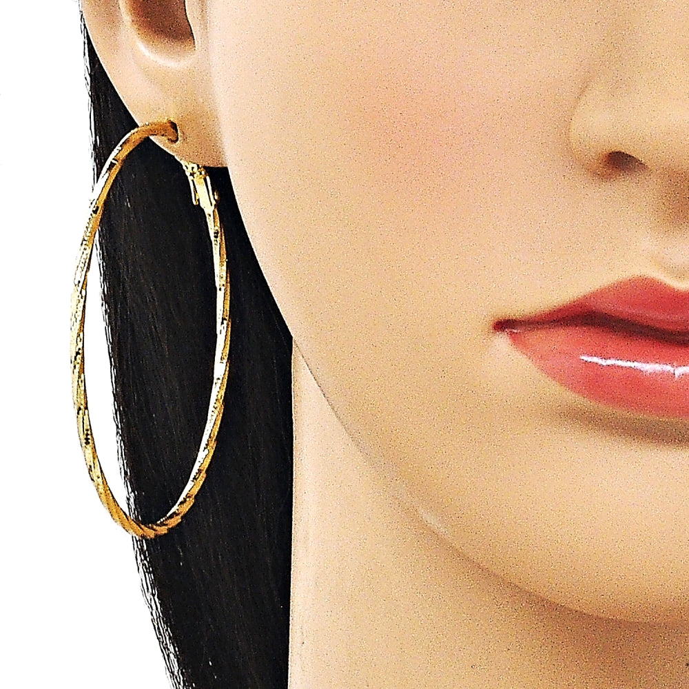 Oro Laminado Medium Hoop, Gold Filled Style Twist Design, Diamond Cutting Finish, Golden Finish