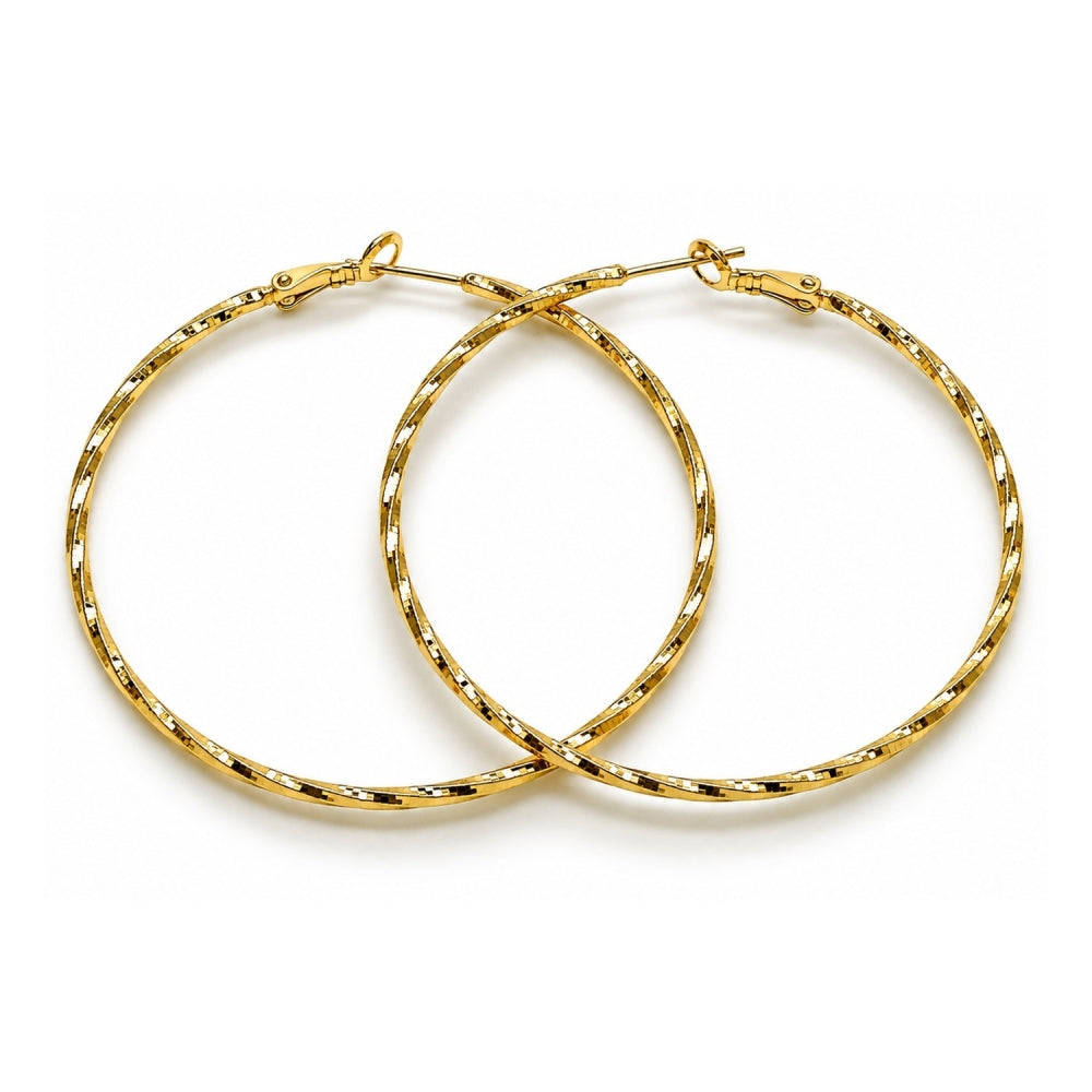Oro Laminado Medium Hoop, Gold Filled Style Twist Design, Diamond Cutting Finish, Golden Finish