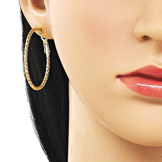 Oro Laminado Medium Hoop, Gold Filled Style Twist Design, Diamond Cutting Finish, Golden Finish